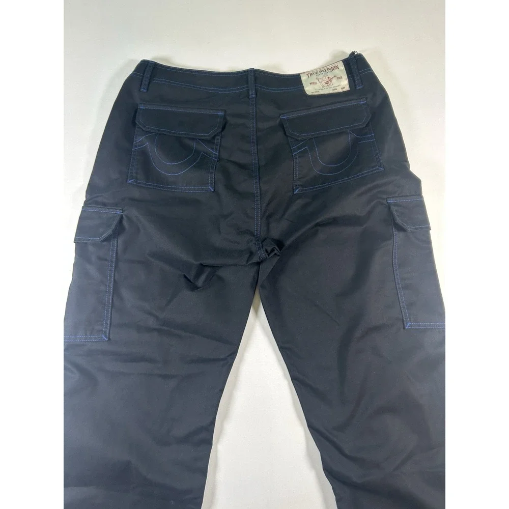 True Religion Men Baggy Cargo Pants 36 Black Blue Bold Stitch Utility Urban NWT